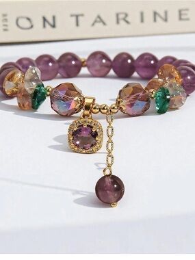 ARTISAN HANDCRAFTED BEAD BRACELET Purple Green Crystal Stretch Charm Bracelet